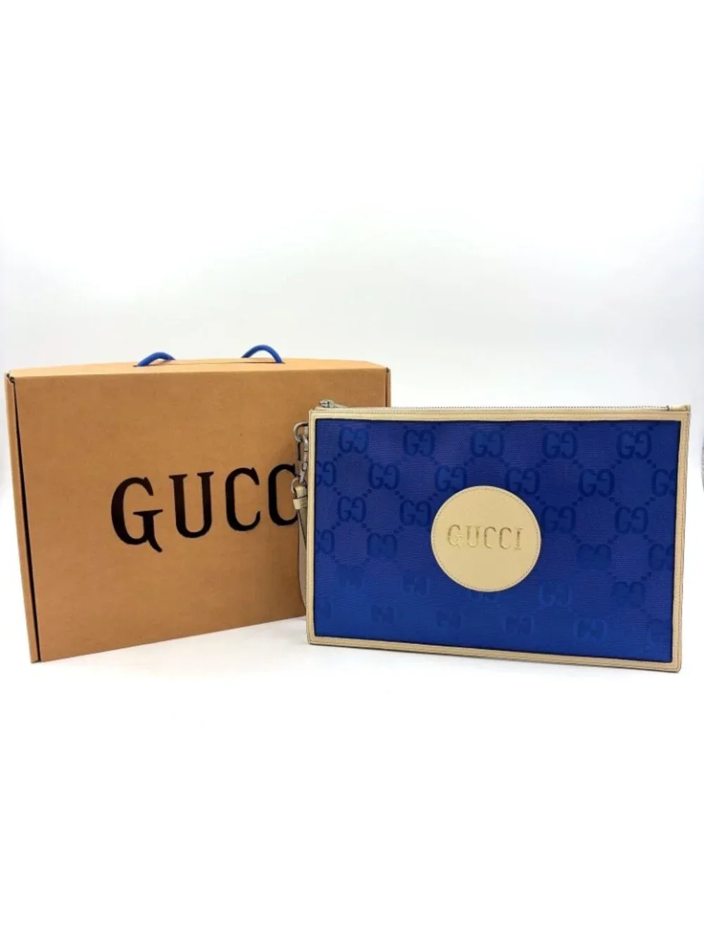 Gucci Off the Grid GG Pattern Leather Nylon Ivory Blue Clutch Silver
